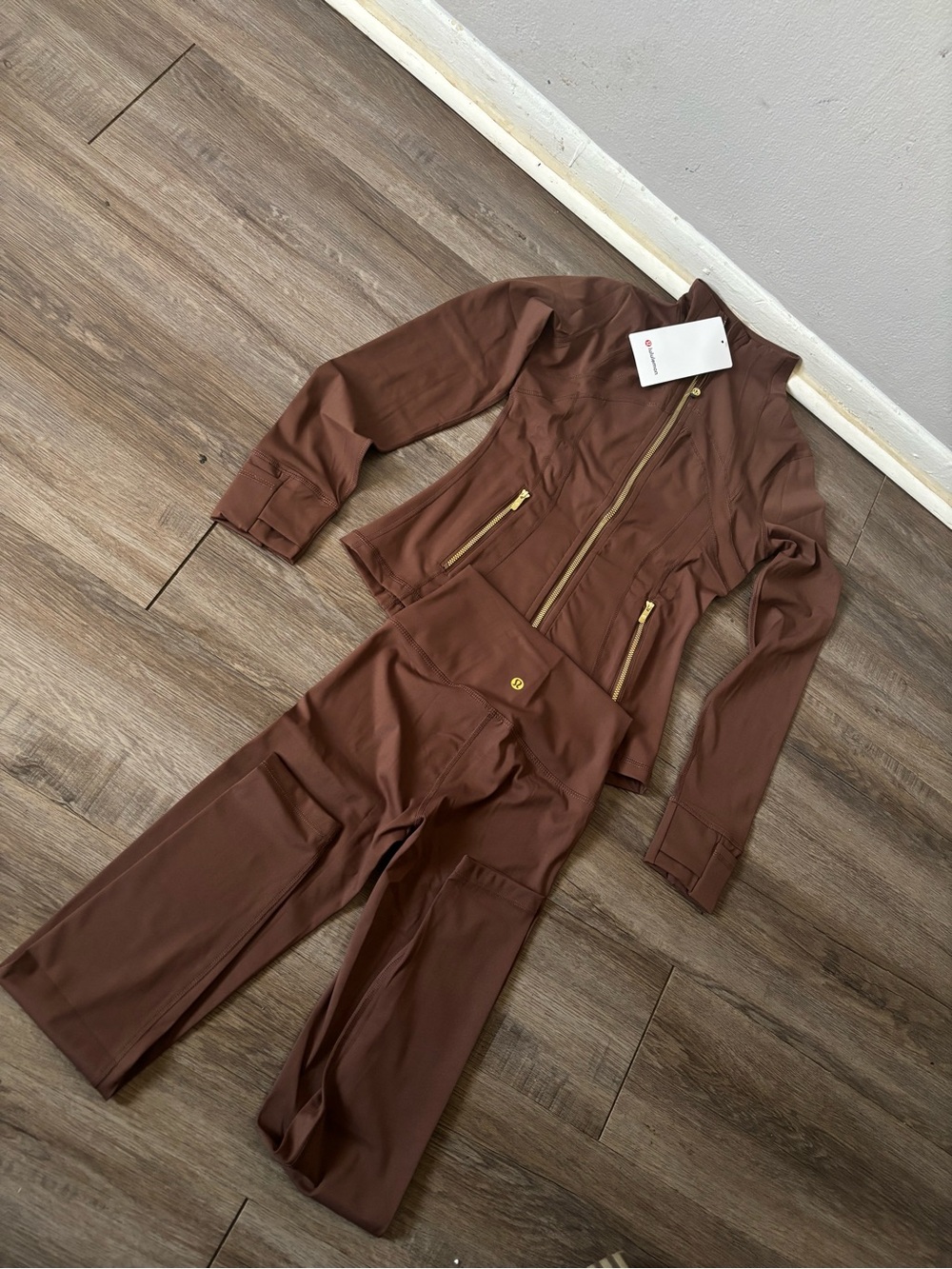 lululemon athletica Brown Zip-Front Jumpsuit with Gold Hardware